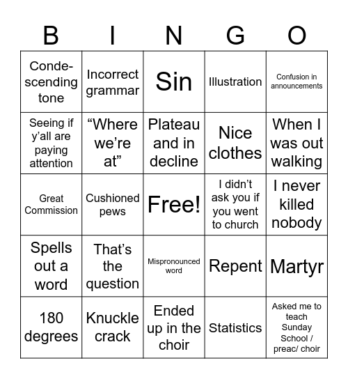 Sunday Sermon Bingo Card