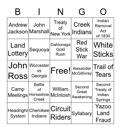 Review Part Two: Indian Removal Bingo Card