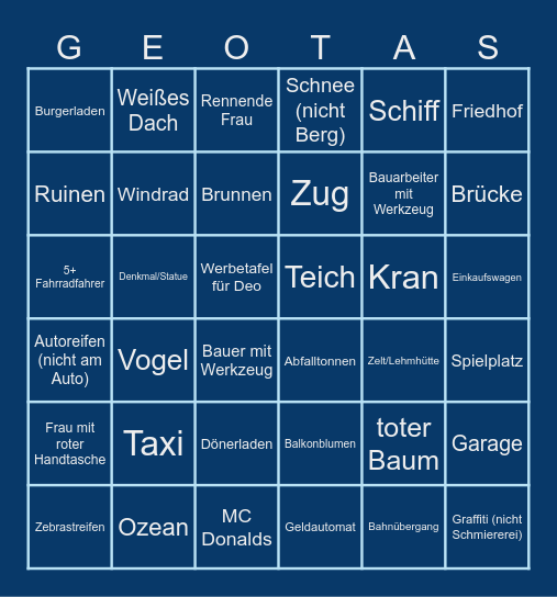 Geotastic Bingo Card