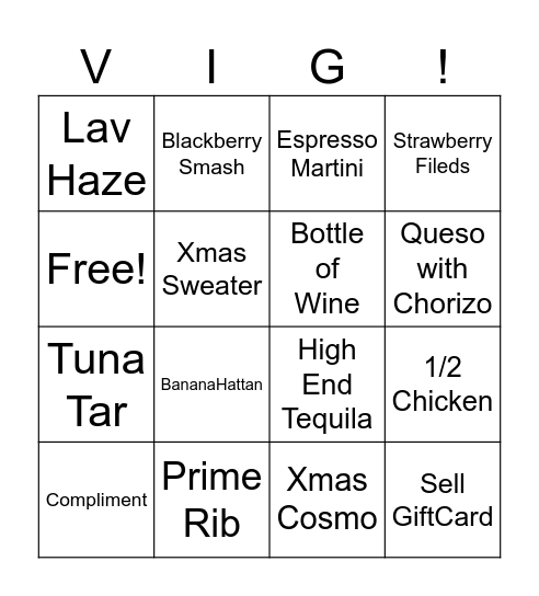 Vig Bingo Card