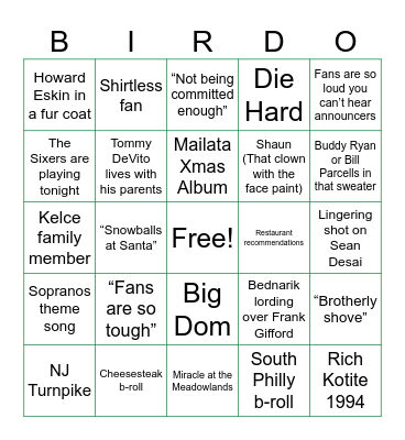Eagles Giants Xmas Bingo Card