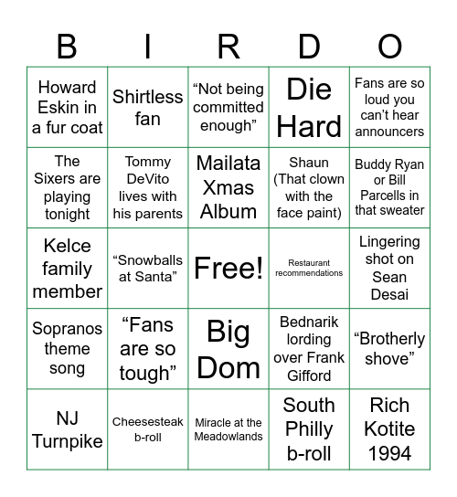 Eagles Giants Xmas Bingo Card