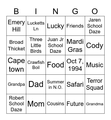 Lacey Family Bingo Card