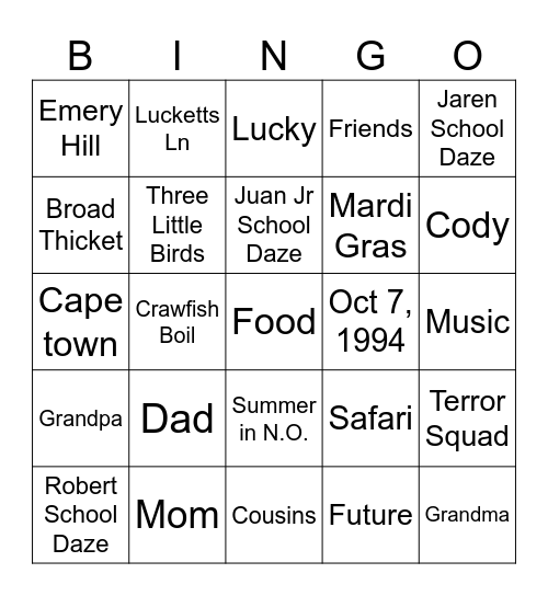 Lacey Family Bingo Card