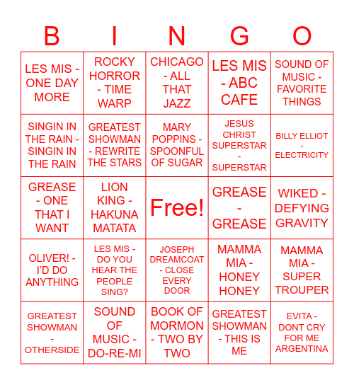 MUSICAL Bingo Card