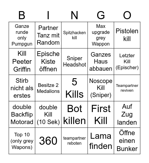 Fortnite Bingo Card