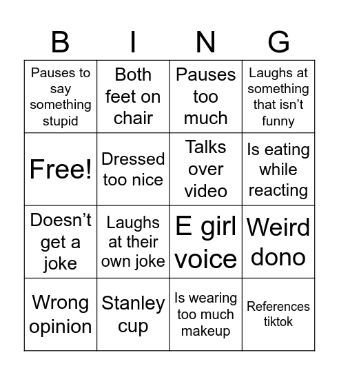 Female twitch Bingo Card