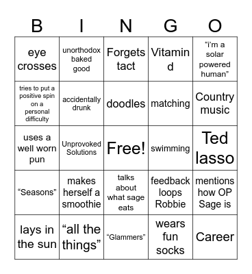 Amy Bingo Card