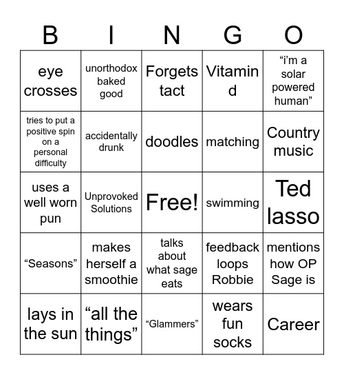 Amy Bingo Card