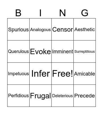 Vocabulary BINGO Card