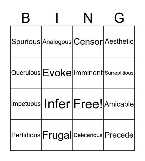 Vocabulary BINGO Card