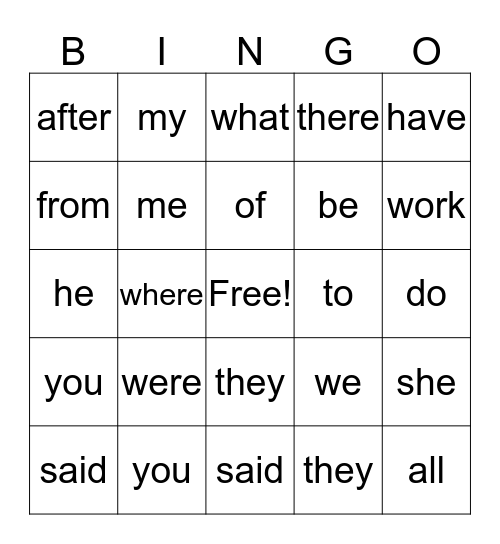 Sight Words (Intervention) Bingo Card
