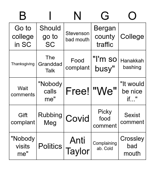 Fam Dysunction Bingo Card