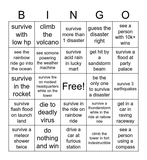 Natural Disaster Survival Bingo Card