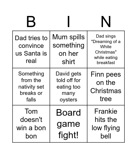 Christmas day Bingo Card