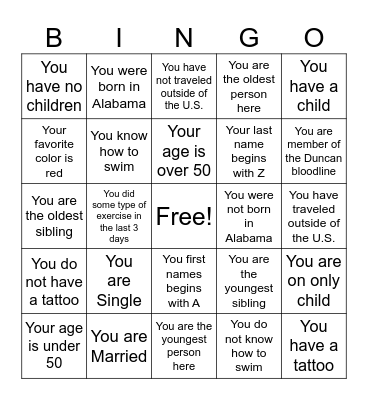 DUNCAN FAMILY BINGO Card
