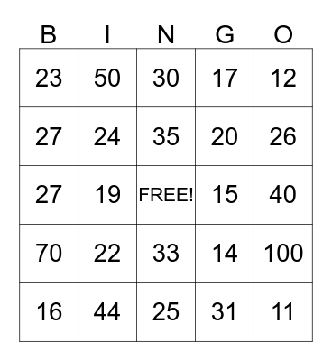 Number Bingo Card