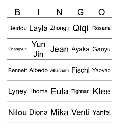 Jenshin Bingo Card