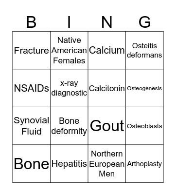 Paget's Disease Bingo Card