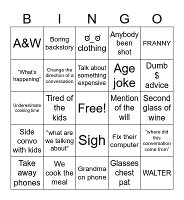 Xmas dinner Bingo Card