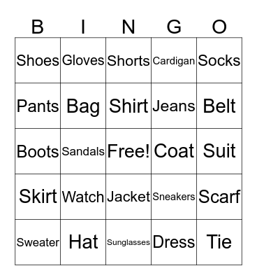 Clothes Bingo  Bingo Card