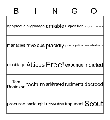To Kill A Mockingbird Bingo Card