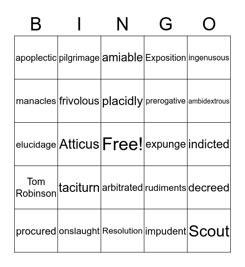 To Kill A Mockingbird Bingo Card