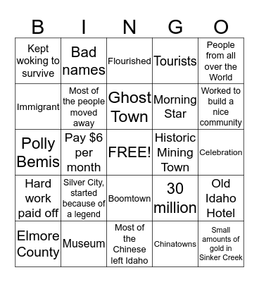 Boomtowns Bingo Card