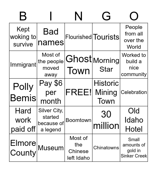 Boomtowns Bingo Card