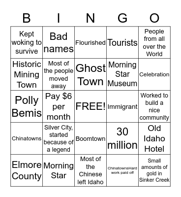 Boomtowns Bingo Card