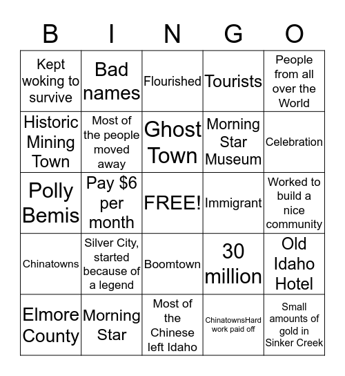 Boomtowns Bingo Card