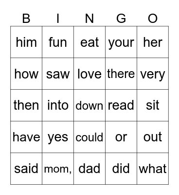 Sight Words Bingo Card