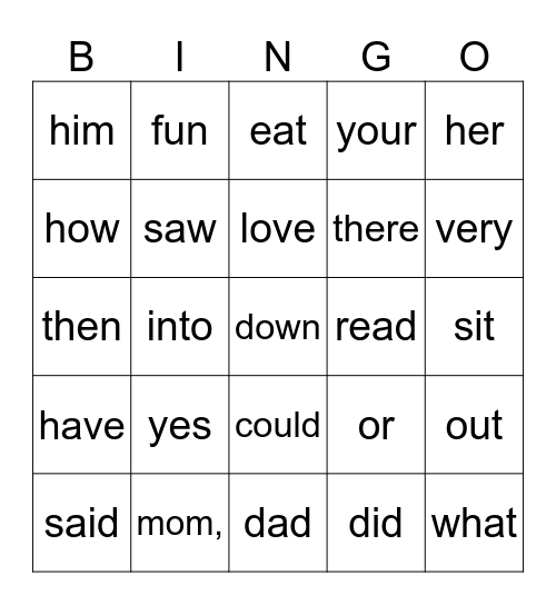 Sight Words Bingo Card