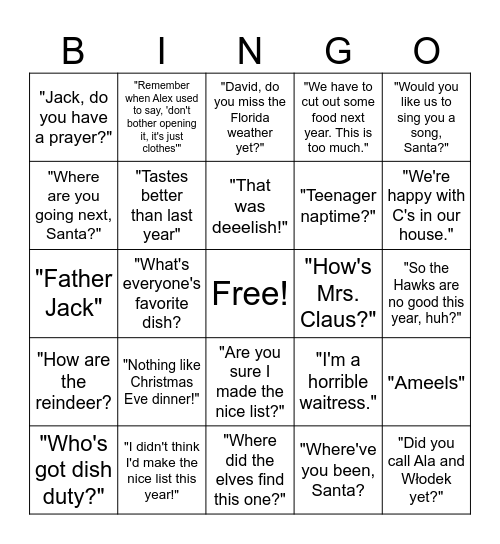Monica's Holiday Bingo Card