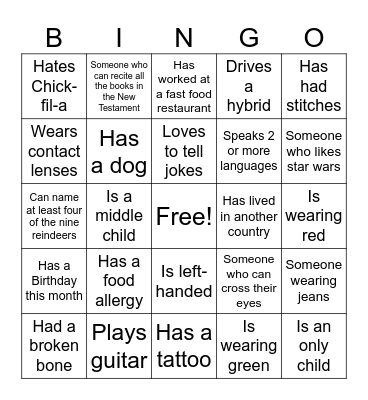 Get to know your church members Bingo Card