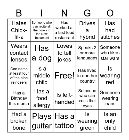 Get to know your church members Bingo Card