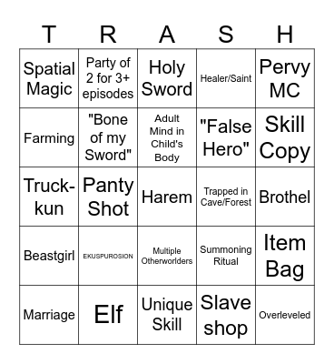 Isekai Trash Bingo Card