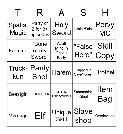 Isekai Trash Bingo Card