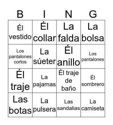 Ropa Bingo Card