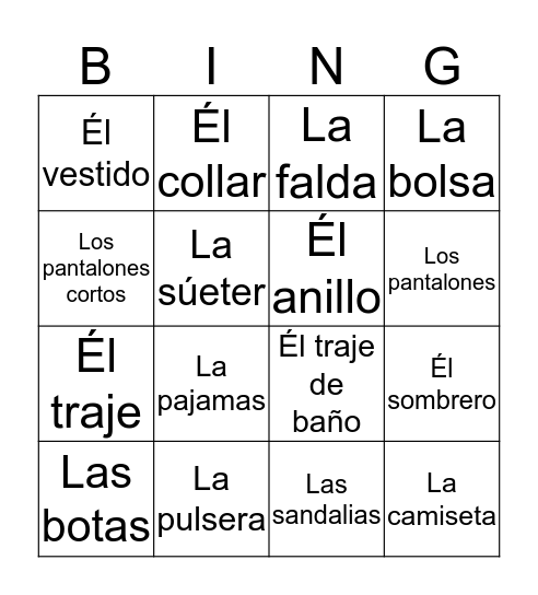 Ropa Bingo Card