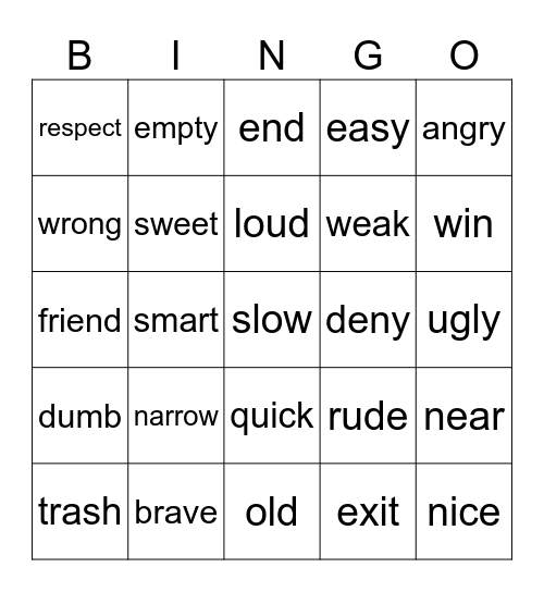 Synonyms Bingo Card