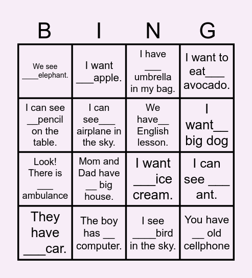 a\an Bingo Card