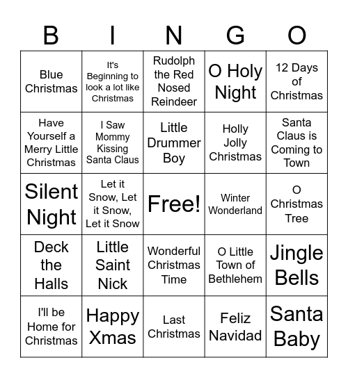 Christmas Songs Bingo Card