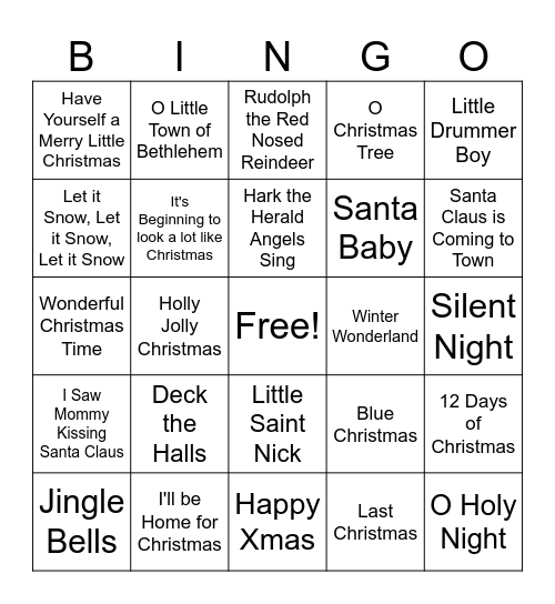 Christmas Songs Bingo Card