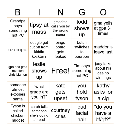 Cool Cousins Christmas Eve Bingo Card