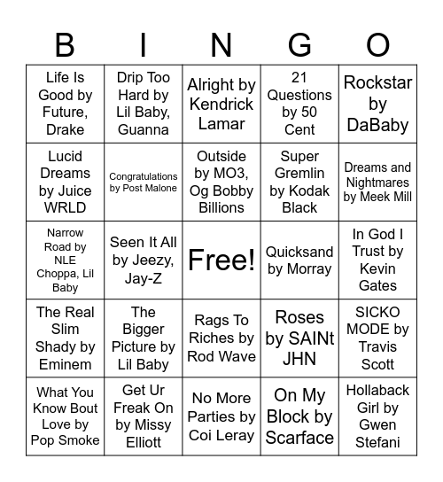 Rap/ Hip-Hop Music Bingo Card