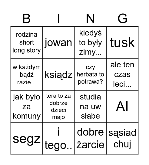 żyje w symulacji Bingo Card