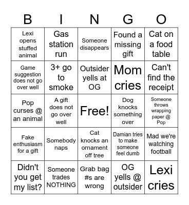 Family Xmas Bingo Card