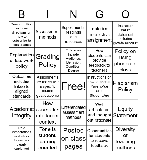 Exemplary Syllabus Assessment Bingo Card