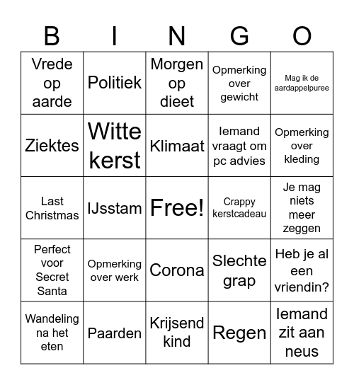 Kerst met de fam Bingo Card